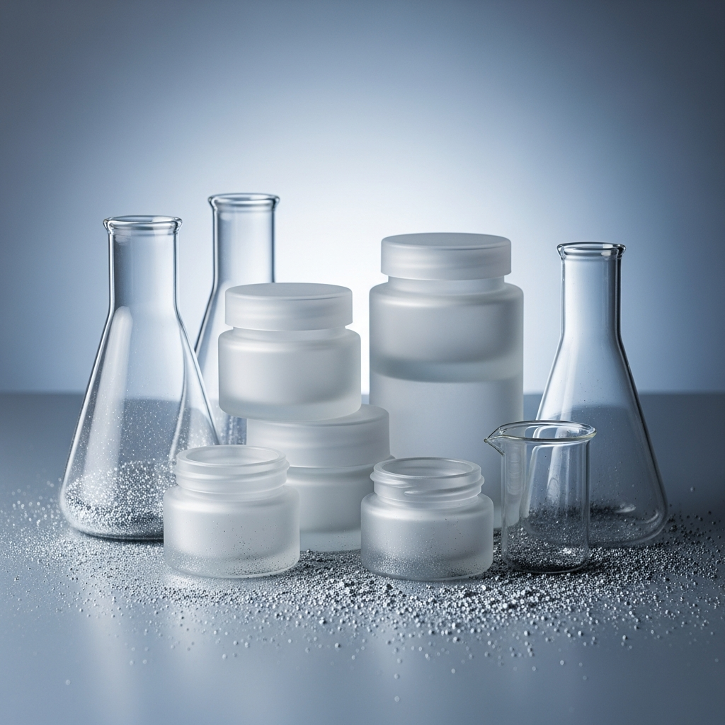 Unbeschriftete Kosmetiktiegel und Laborglas mit feinem silbernem Pulver vor blauem Hintergrund
