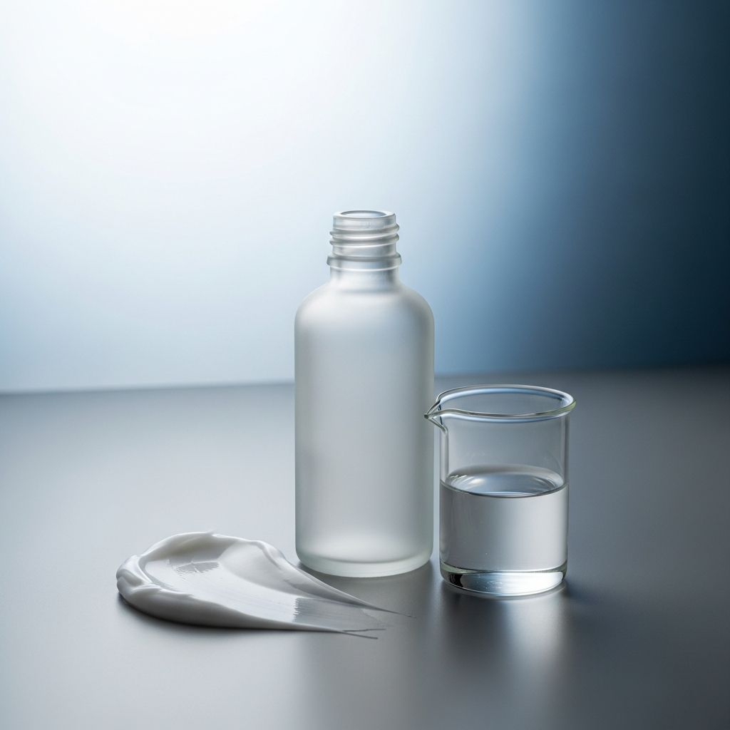 Unbeschriftete Mattglasflasche neben Laborbecher und Cremetextur auf grauem Untergrund mit blauem Farbakzent