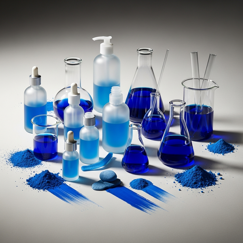 Frosted-Glas-Fläschchen und Laborglas mit tiefblauer Flüssigkeit und blauem Pigmentpulver auf neutralem Untergrund