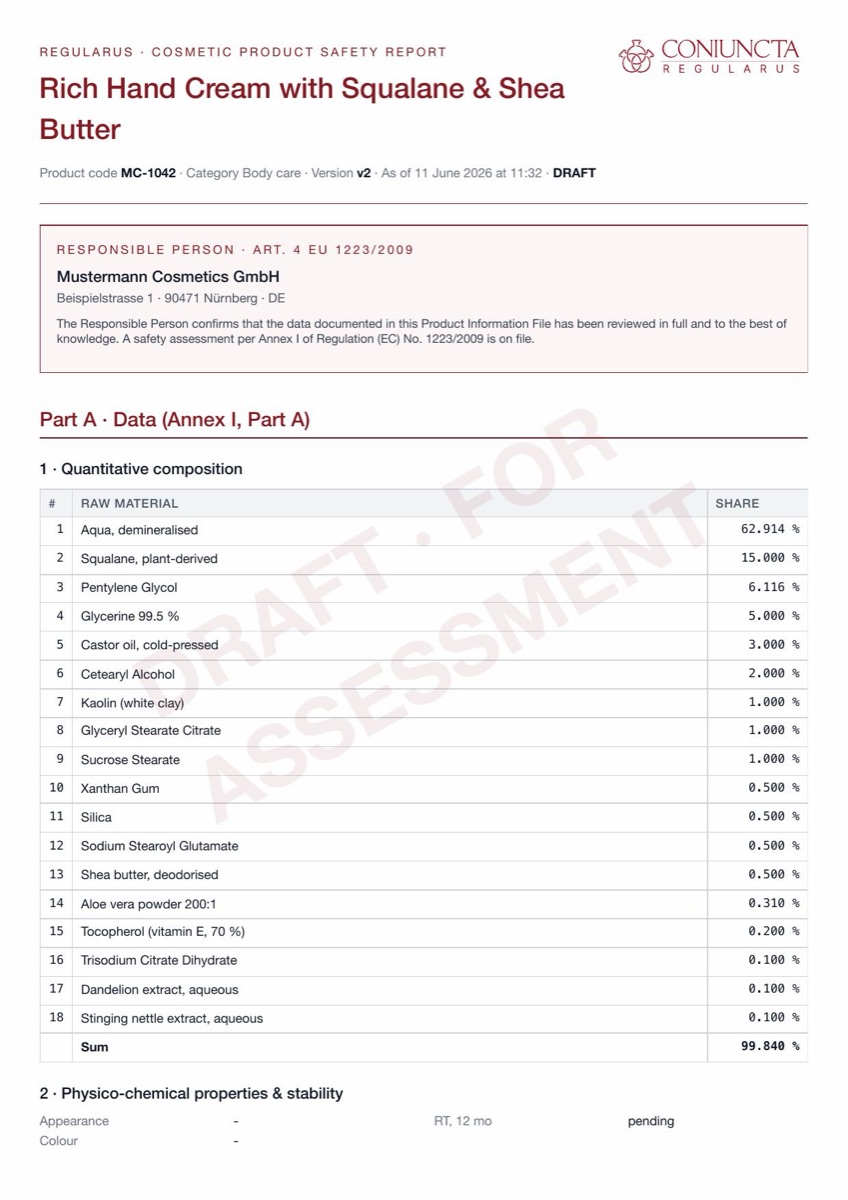 Cosmetic Product Safety Report of a hand cream formulation with 18 raw materials, generated in REGULARUS, with draft watermark