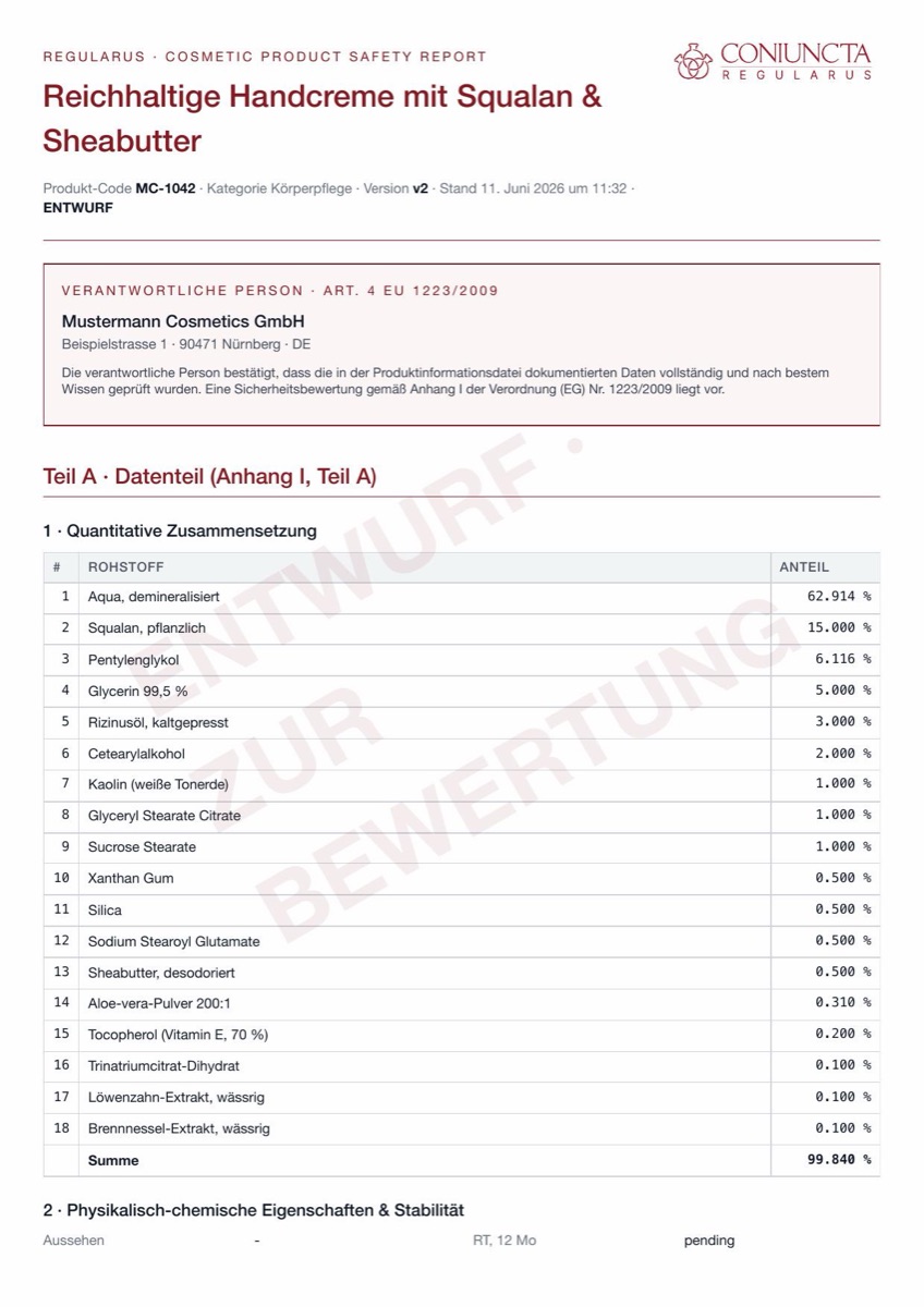 Cosmetic Product Safety Report einer Handcreme-Rezeptur mit 18 Rohstoffen, erstellt in REGULARUS, mit Entwurfs-Wasserzeichen